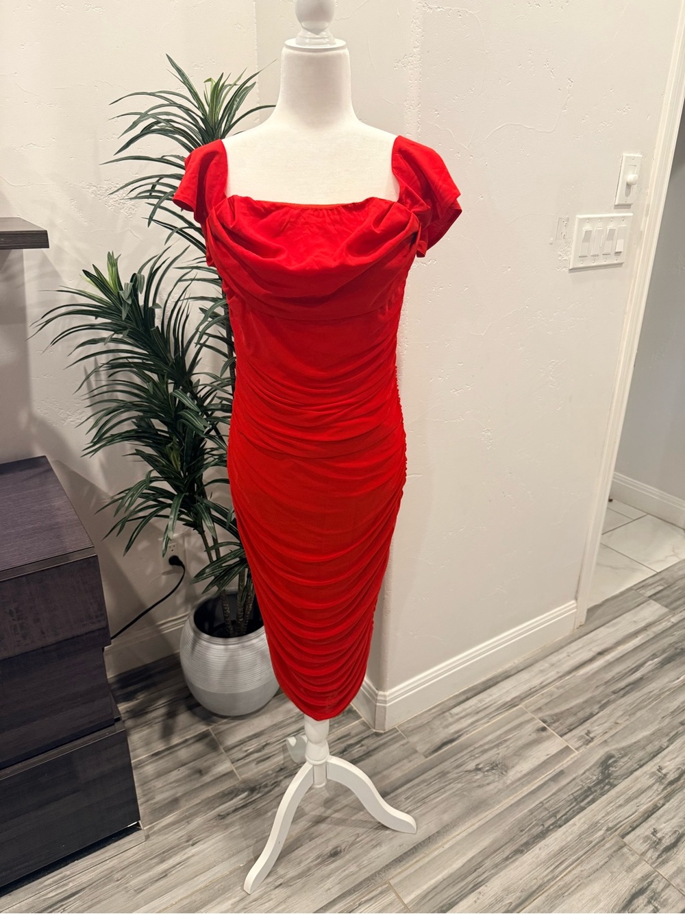 Red Ruched Midi Dress with Cowl Neck
